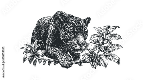 Jaguar resting on a branch with leaves on transparent background. Vector hand drawn illustration