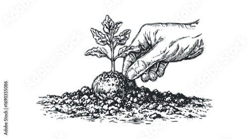 Hand gently planting a small green sprout in soil. Vector hand drawn illustration