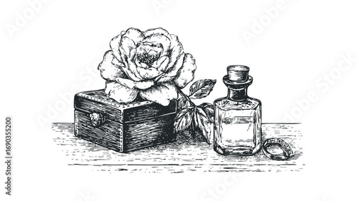 Vintage botanical drawing of a peony flower, antique chest, and perfume bottle. Vector hand drawn illustration
