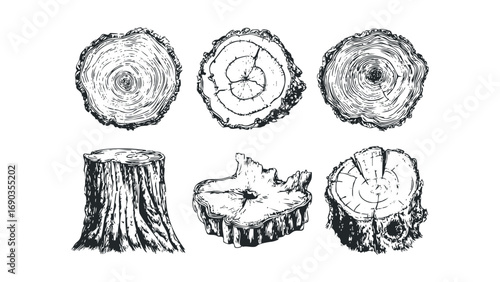 Six detailed black and white ink drawings of tree stumps and cross sections on transparent background. Vector hand drawn illustration