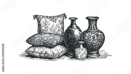 Decorative Pillows and Ornate Vases Hand Drawn Sketch on Transparent. Vector hand drawn illustration