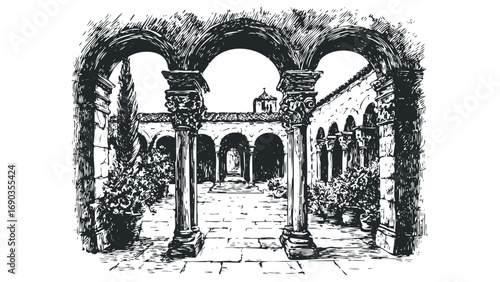 Architectural courtyard with arched colonnade and potted plants sketch. Vector hand drawn illustration