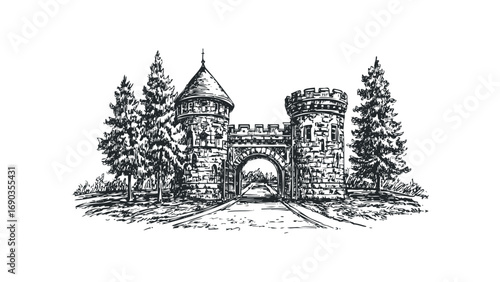 Sketch of an ancient stone castle gatehouse with turret and trees. Vector hand drawn illustration