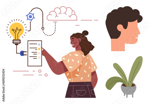 Woman selecting options on a touch interface surrounded by a lightbulb, cloud, head profile, and potted plant. Ideal for innovation, decision-making, creative thinking, brainstorming, user