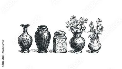 Sketch of five vintage vases, some holding flowers, on a white background. Vector hand drawn illustration