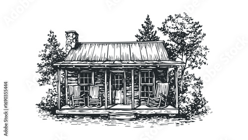 Rustic wooden cabin with rocking chairs on porch and surrounding trees. Vector hand drawn illustration