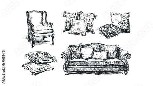 Pen and ink sketch of antique sofa and armchair with decorative pillows. Vector hand drawn illustration