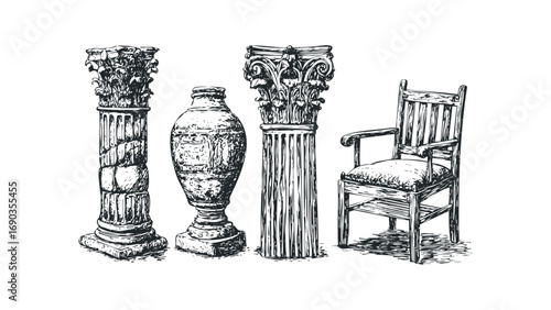Pencil sketch of classical columns and antique chair on transparent background. Vector hand drawn illustration