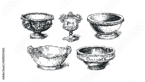 Collection of antique decorative urns and bowls in sketch style. Vector hand drawn illustration