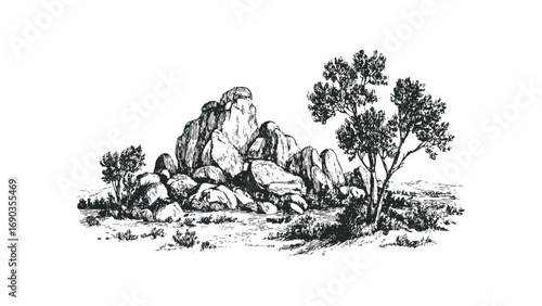 Pen and ink sketch of large boulders and sparse trees in a dry landscape. Vector hand drawn illustration