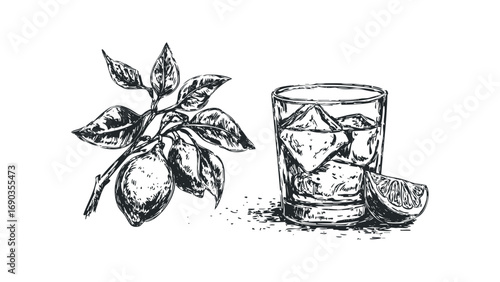 Ink sketch of a lemon branch with fruit and a glass of iced drink on a white background, file. Vector hand drawn illustration
