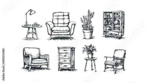 Set of hand drawn vintage furniture and houseplants on transparent background. Vector hand drawn illustration