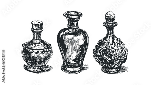 Three ornate antique perfume bottles with stoppers. Vector hand drawn illustration