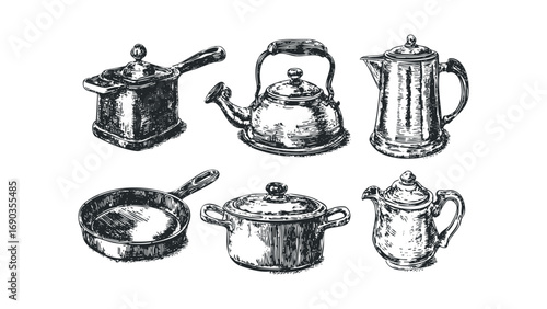 Collection of six vintage kitchen cookware and beverage pots on a transparent. Vector hand drawn illustration