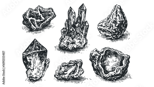 Collection of geological specimen drawings on transparent background. Vector hand drawn illustration
