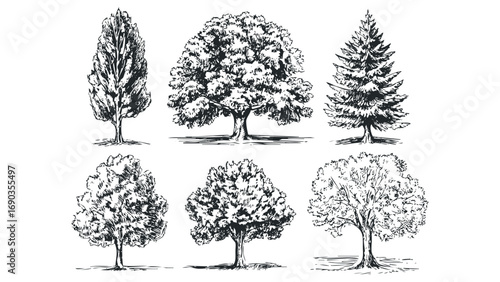 Six ink sketch drawings of various deciduous and evergreen trees on transparent background. Vector hand drawn illustration