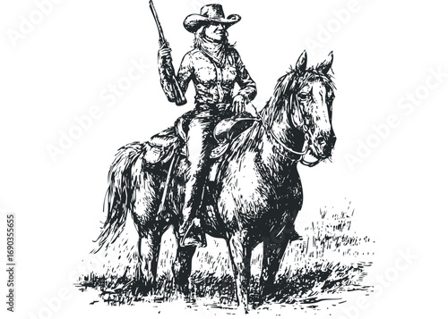 Cowgirl riding horse holding rifle. Vector hand drawn illustration