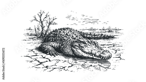 Alligator resting on cracked earth and shallow water sketch. Vector hand drawn illustration