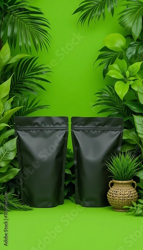 Wallpaper Mural A vibrant, eco-inspired product display features a matte kraft paper stand-up pouches positioned side by side against a lush green backdrop filled with a variety of tropical leaves and plants Torontodigital.ca
