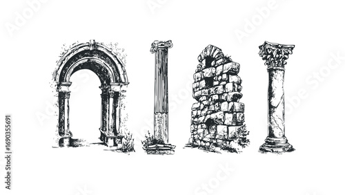 Ancient Roman ruins sketch featuring architectural elements on transparent. Vector hand drawn illustration