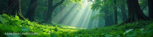 Gentle rain falling on a lush green forest, creating a serene and tranquil atmosphere Perfect for nature, weather, or relaxation themes The soft light adds a mystical quality , mystical, damp