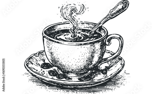 Detailed sketch of hot steaming coffee in a cup with spoon and coffee beans. Vector hand drawn illustration