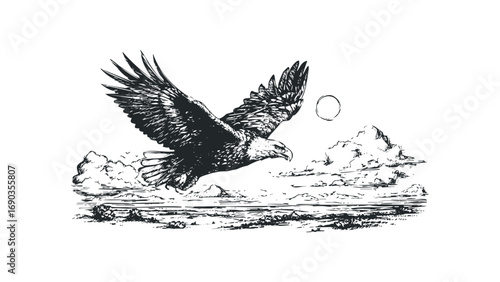 Bald eagle soaring over rugged terrain and distant water. Vector hand drawn illustration