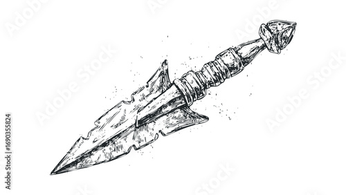 Hand drawn black and white sketch of an ancient dagger on transparent background. Vector hand drawn illustration