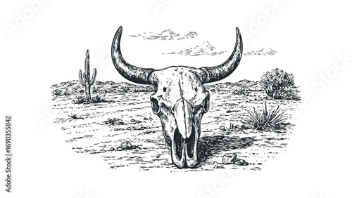 Bull skull in dry landscape with cactus and scrub brush graphic. Vector hand drawn illustration