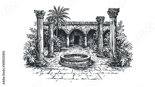 Pen and ink drawing of an arched courtyard with columns and a water feature. Vector hand drawn illustration