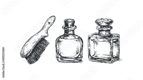 Sketch of vintage perfume bottles and grooming brush. Vector hand drawn illustration