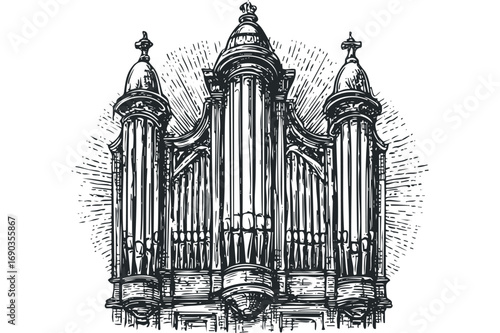 Black and white drawing of a pipe organ with radiating lines on transparent background. Vector hand drawn illustration