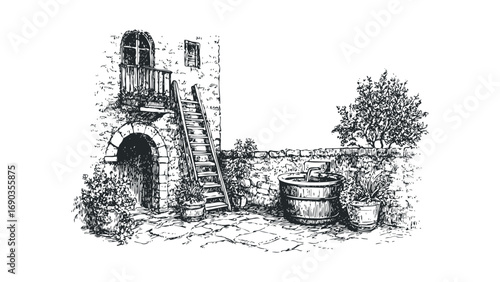 Line drawing of ancient building courtyard with stone archway, wooden ladder, and water fountain. Vector hand drawn illustration