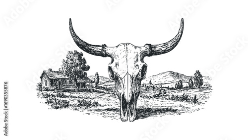 Bull skull with horns and rustic cabin in rugged landscape. Vector hand drawn illustration