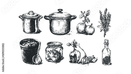Set of kitchenware and ingredients for cooking. Vector hand drawn illustration