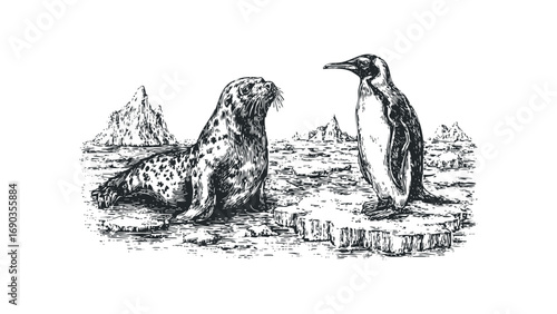 Seal and penguin meeting on ice floes with iceberg background. Vector hand drawn illustration