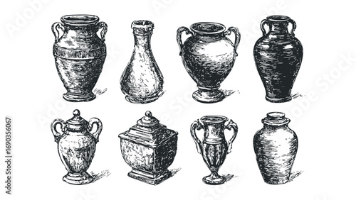 Collection of antique ceramic amphorae and urns on transparent background. Vector hand drawn illustration