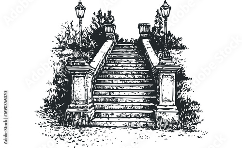 Stone Staircase with Lamp Posts and Foliage Isolated. Vector hand drawn illustration