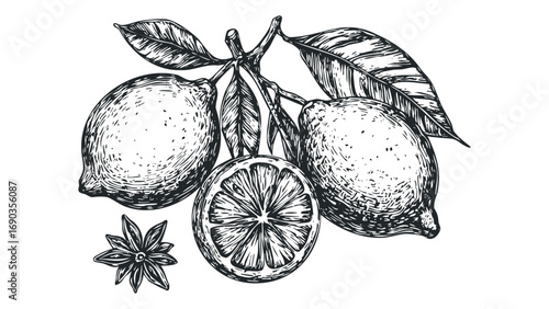 Hand drawn sketch of ripe lemons with leaves on a twig and an anise star. Vector hand drawn illustration