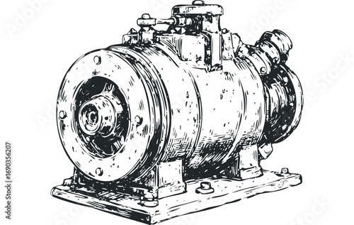 Antique engine motor on transparent background. Vector hand drawn illustration