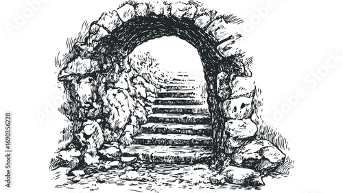 Ancient stone archway with descending stairs opening to bright light. Vector hand drawn illustration