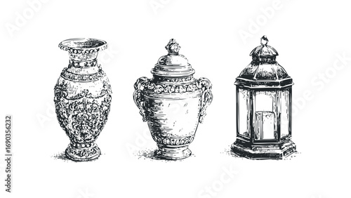 Ornate vase and antique lantern on transparent background. Vector hand drawn illustration