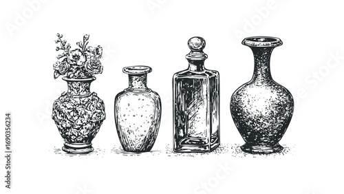 Four Antique Vases and Floral Arrangement Sketch Transparent. Vector hand drawn illustration