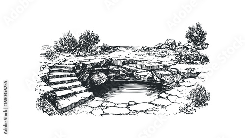 Sketch of a rocky pool with stone steps and sparse vegetation. Vector hand drawn illustration
