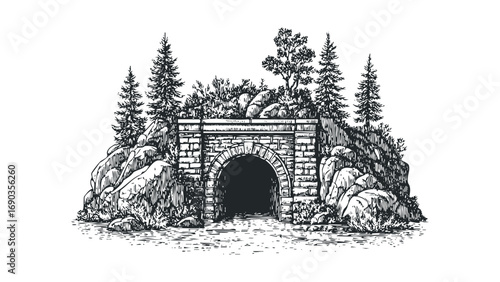 Stone arched tunnel entrance in a forest landscape. Vector hand drawn illustration