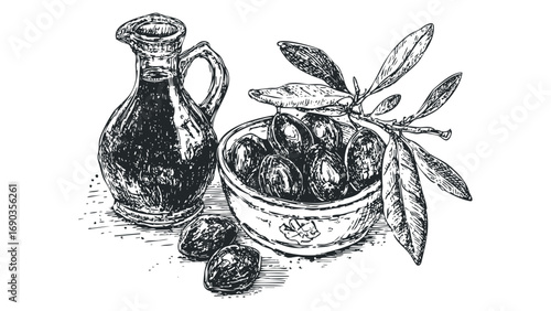 Still life sketch of olives in bowl and jug of oil. Vector hand drawn illustration