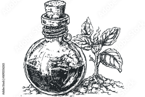 Hand drawn black and white sketch of a corked glass bottle with liquid and plant. Vector hand drawn illustration