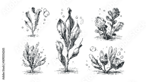 Various seaweed types with bubbles drawn in sketch style. Vector hand drawn illustration