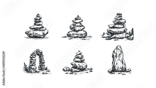 Stacking stones, stone arch, monolith, sketch graphics. Vector hand drawn illustration
