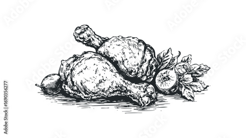 Hand Drawn Fried Chicken Legs and Garnish. Vector hand drawn illustration
